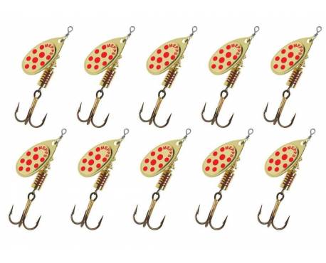 Mepps Lot de 10 cuillers Or Points Rouges